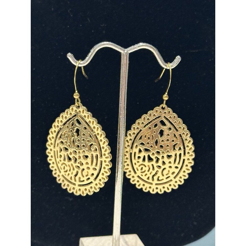 Gold Tone Large Open Scroll Work Teardrop Earrings Hook Pierced Ears Dangle